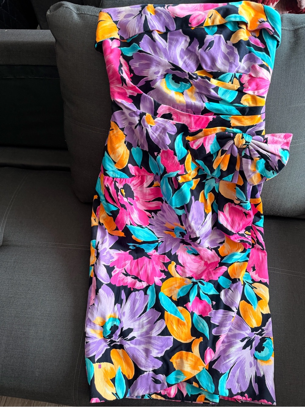 Strapless Floral Sheath Dress in Black with Pink, Purple & Teal Flowers